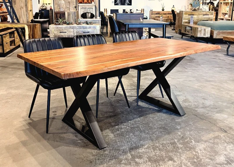 Table à dîner acacia 1.5" bord naturel champagne base X