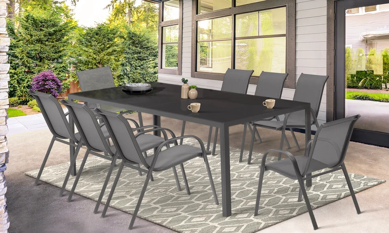 Ensemble de jardin Minorca 8 places en textiléne et verre trempé gris anthracite