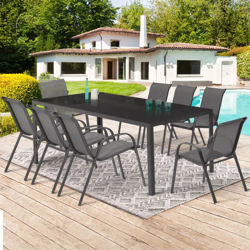 Ensemble de jardin Minorca 8 places en textiléne et verre trempé gris anthracite