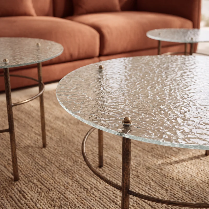 Trio de tables basses BULLE en verre bullé et métal bronze