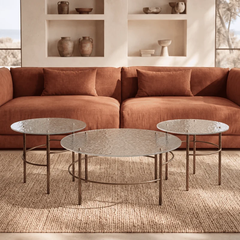 Trio de tables basses BULLE en verre bullé et métal bronze