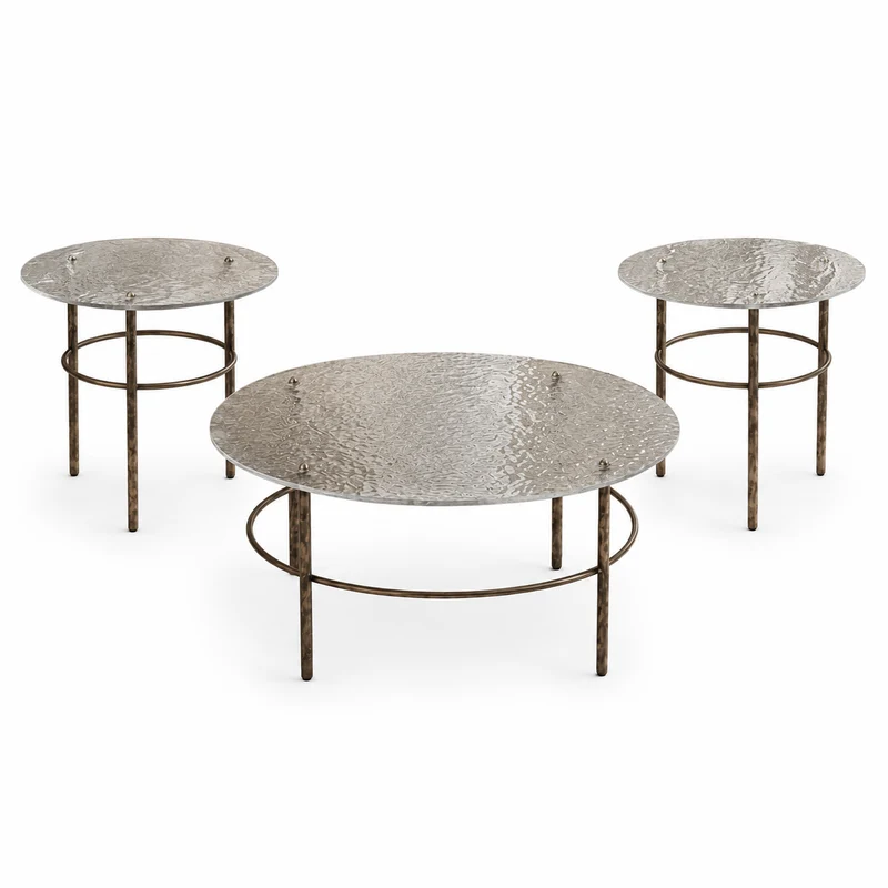 Trio de tables basses BULLE en verre bullé et métal bronze