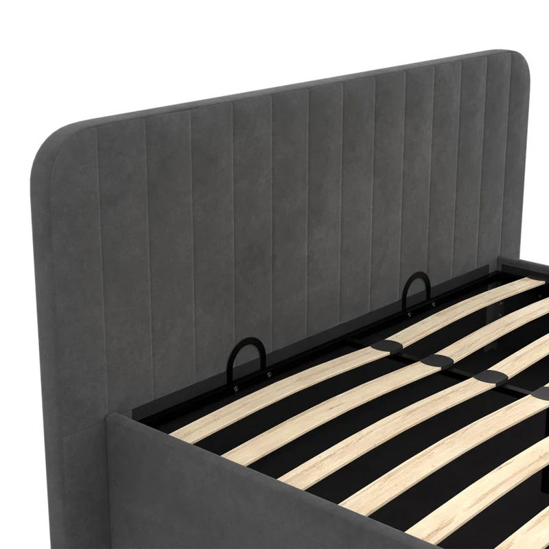 Lit coffre Valentina en velours gris avec sommier et tête de lit 140x190cm