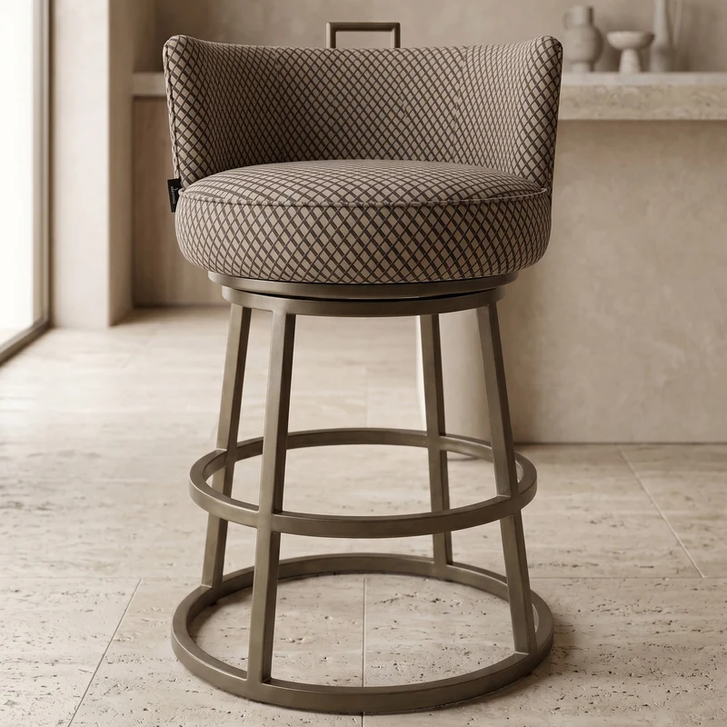 Tabouret pivotant Dana tissu quadrillé marron et noir