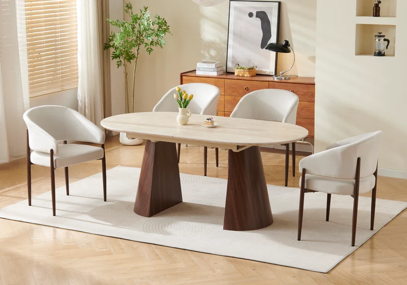 Table à manger extensible ovale travertin - Yumi