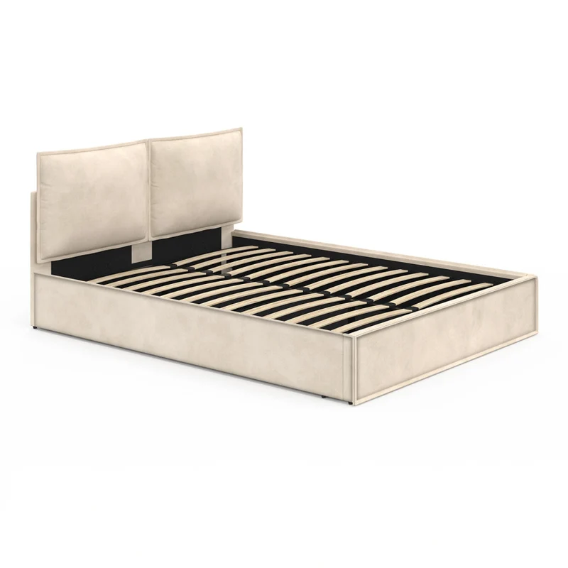 Lit coffre Lilou en velours beige avec sommier et tête de lit effet oreiller 160x200cm