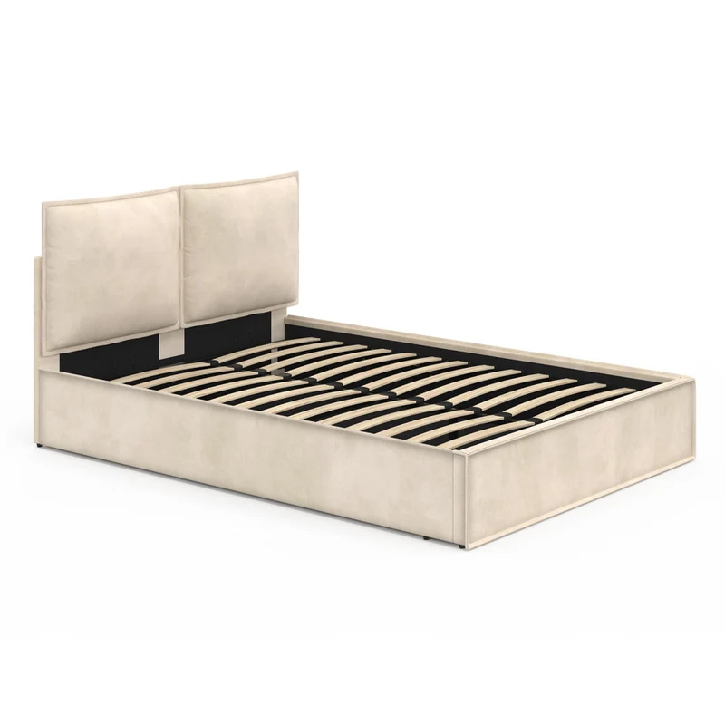 Lit coffre Lilou en velours beige avec sommier et tête de lit effet oreiller 140x190cm
