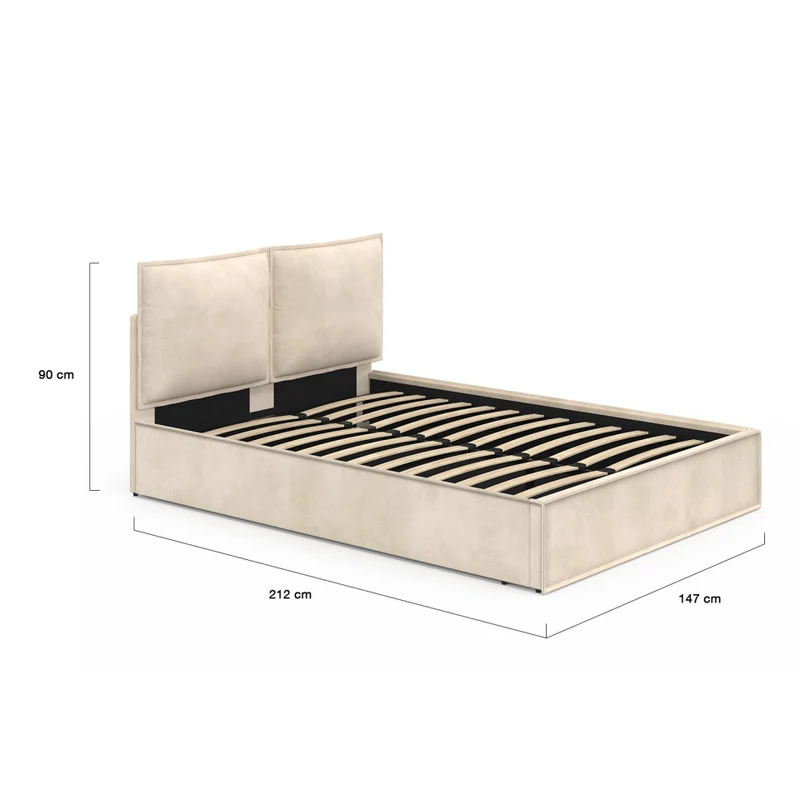 Lit coffre Lilou en velours beige avec sommier et tête de lit effet oreiller 140x190cm