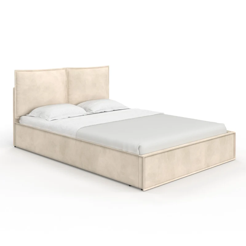 Lit coffre Lilou en velours beige avec sommier et tête de lit effet oreiller 140x190cm