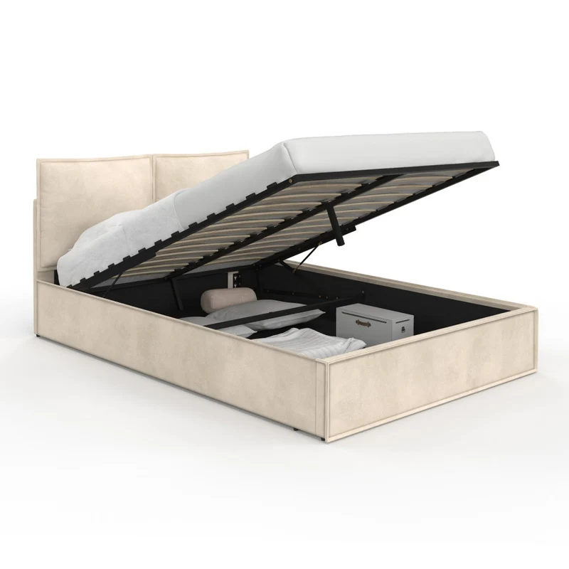 Lit coffre Lilou en velours beige avec sommier et tête de lit effet oreiller 140x190cm