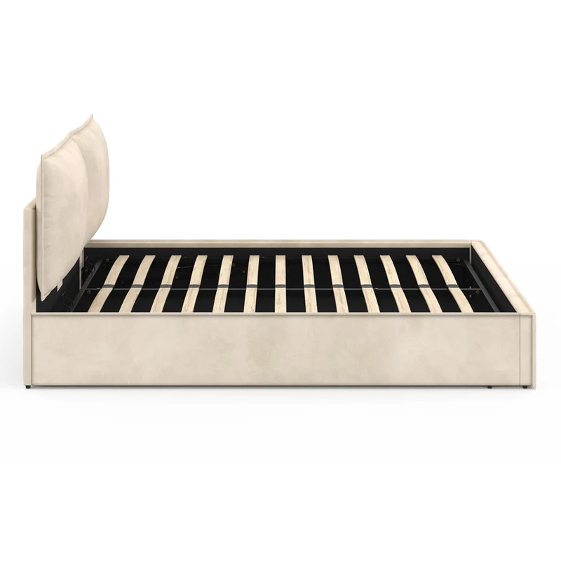 Lit coffre Lilou en velours beige avec sommier et tête de lit effet oreiller 140x190cm