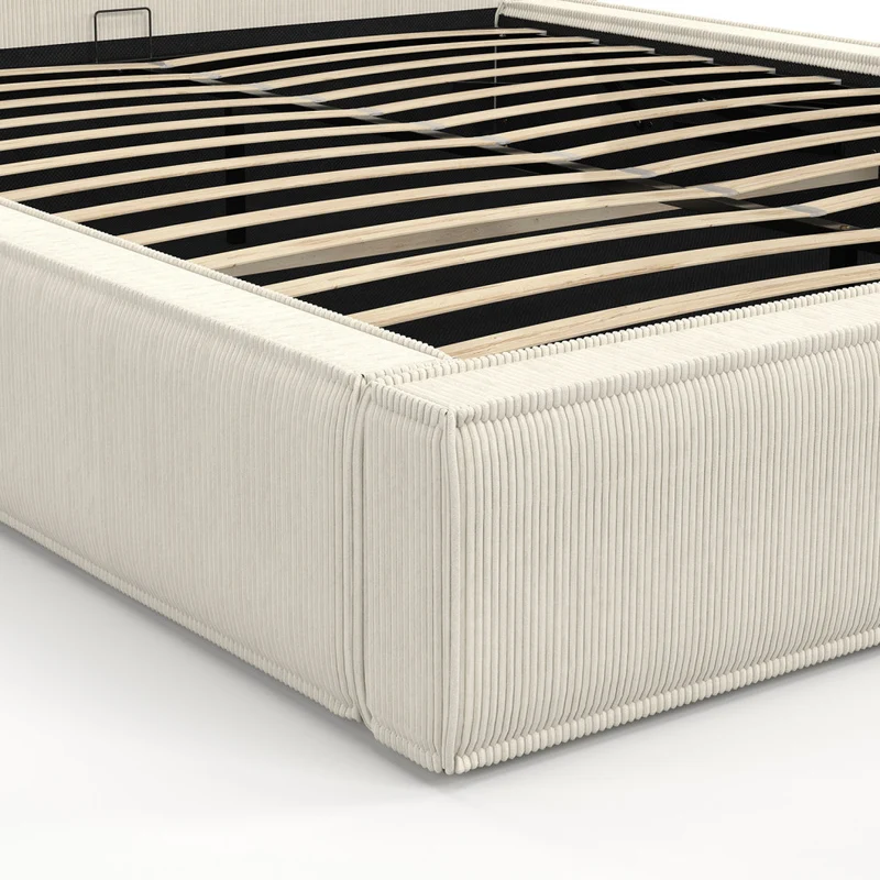 Lit coffre Joyce en velours côtelé beige avec sommier et tête de lit 140x190cm