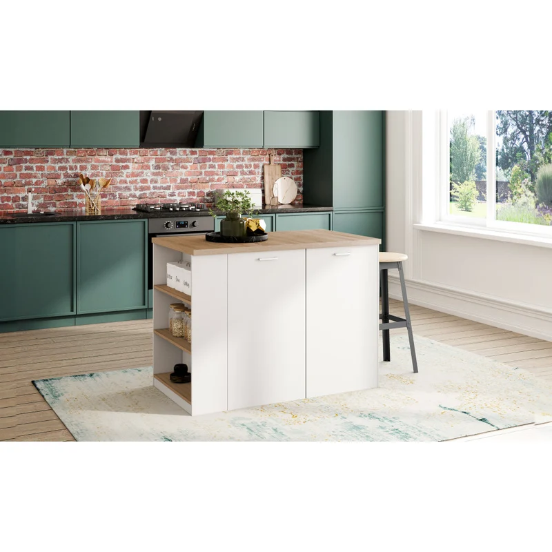 Ilot central de cuisine Dario L120cm bois et blanc avec rangements
