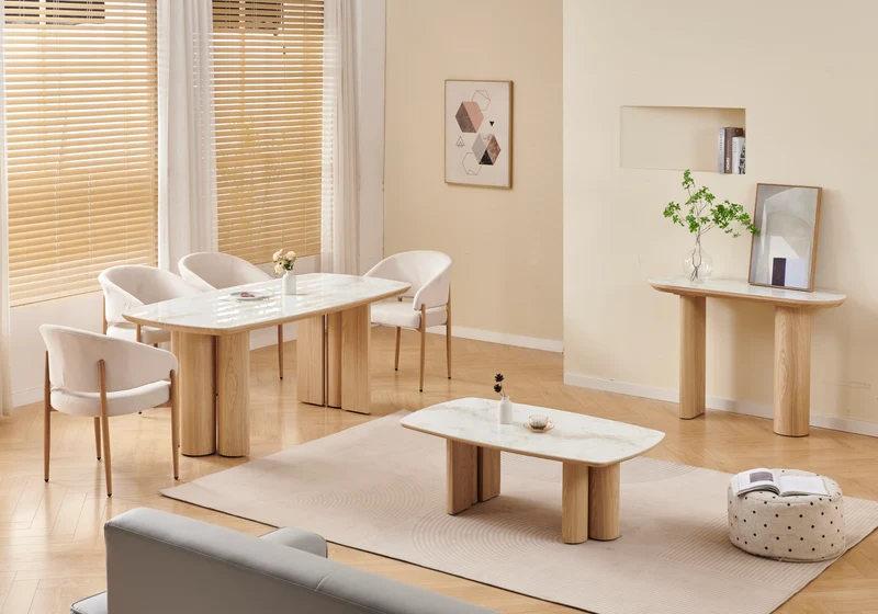 Console d'entrée marbre beige et bois - Doria