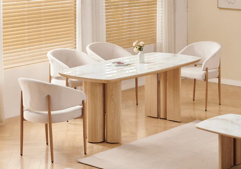 Table à manger ovale marbre beige et bois - Doria