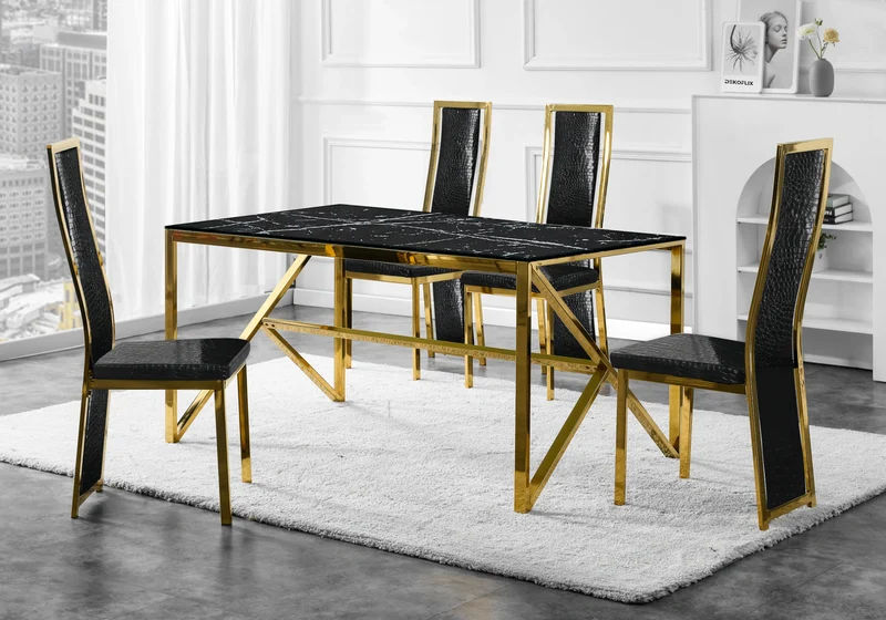 Table marbre noir et 6 chaises croco doré – Jessy