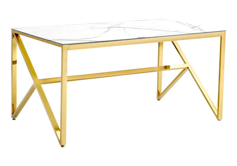 Table marbre blanc et 6 chaises simili-cuir doré – Jessy