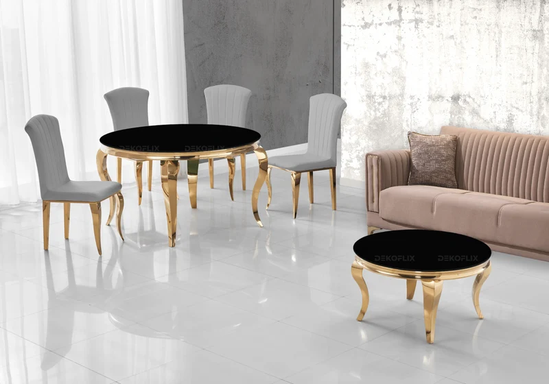 Ensemble salle à manger ronde verre noir et or – Neo