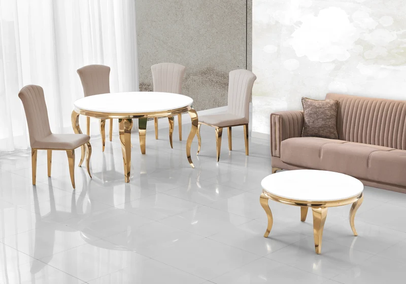 Ensemble salle à manger ronde verre blanc et or – Neo