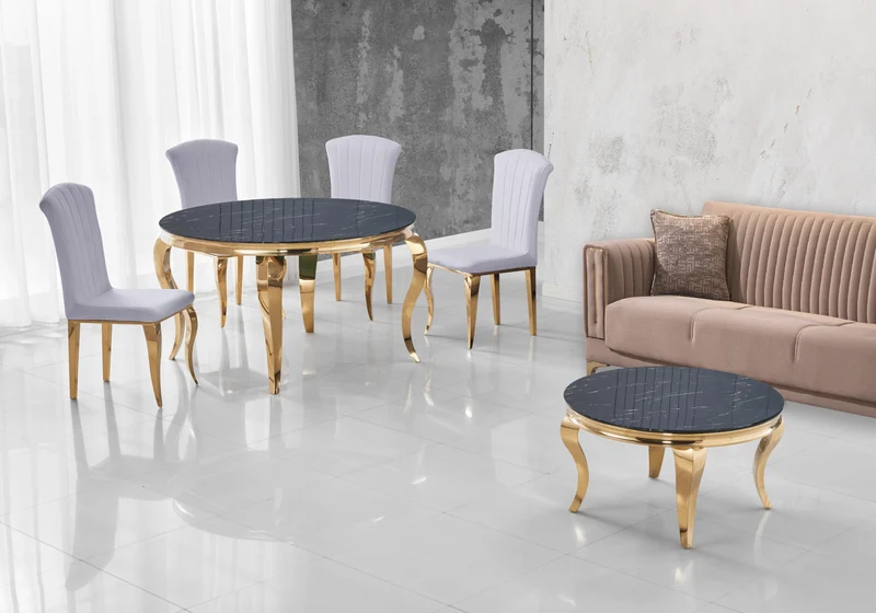 Ensemble salle à manger ronde marbre noir et or – Neo