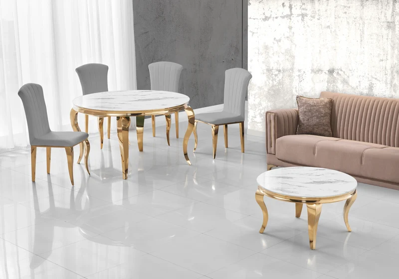 Ensemble salle à manger ronde marbre blanc et or – Neo