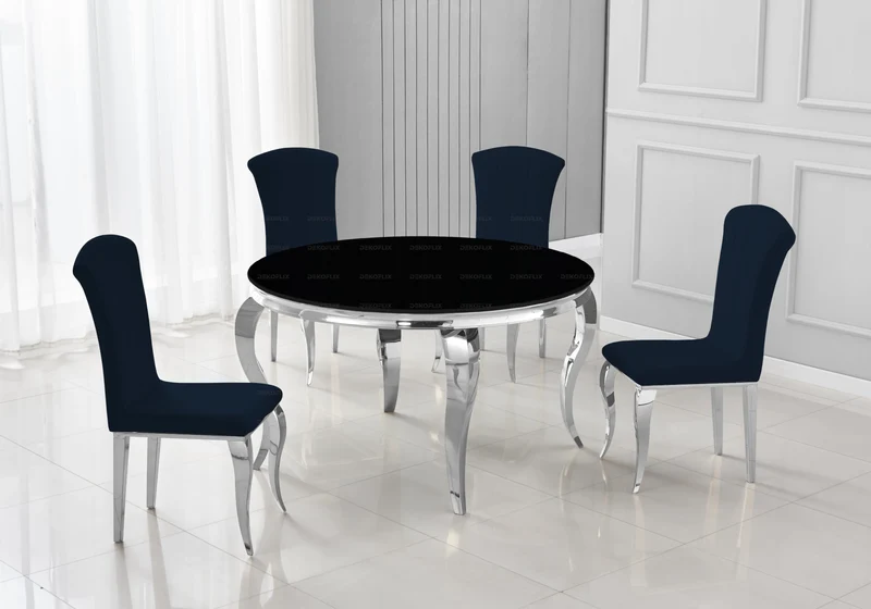 Table ronde verre noir et 4 chaises argent – Neo