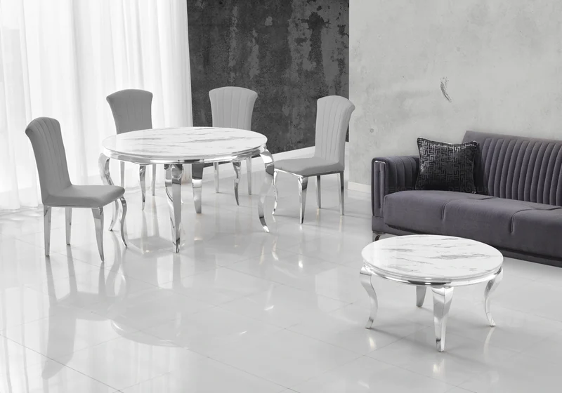 Salle à manger ronde marbre blanc argent – Neo