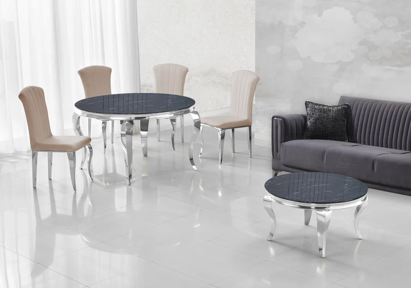 Salle à manger ronde marbre noir argent – Neo
