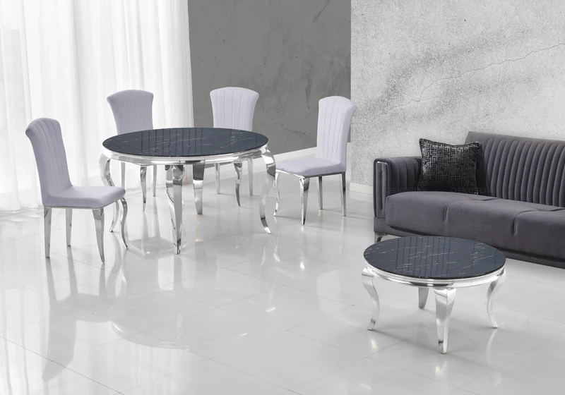 Salle à manger ronde marbre noir argent – Neo