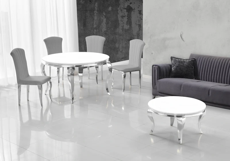 Salle à manger ronde verre blanc argent – Neo