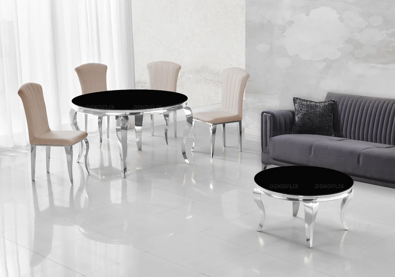 Salle à manger ronde verre noir argent – Neo