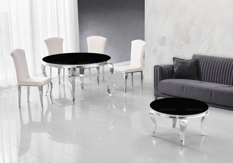 Salle à manger ronde verre noir argent – Neo