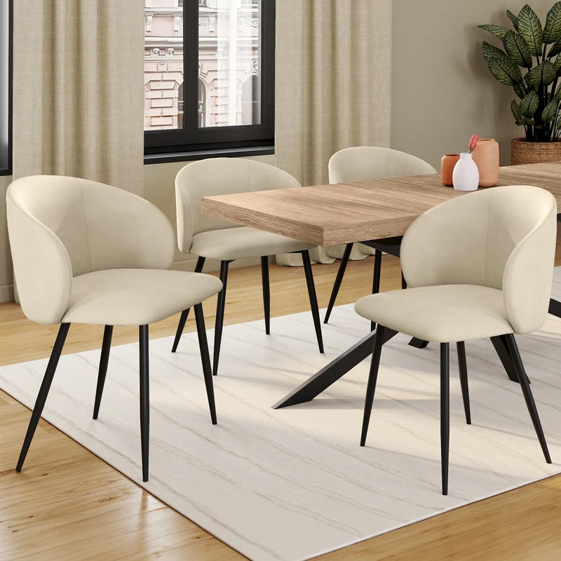 Chaises Léona en velours crème et pieds métal noirs - lot de 4