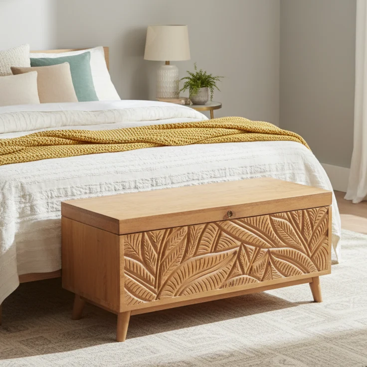 Banc coffre sculpté en bois massif manguier - Floria