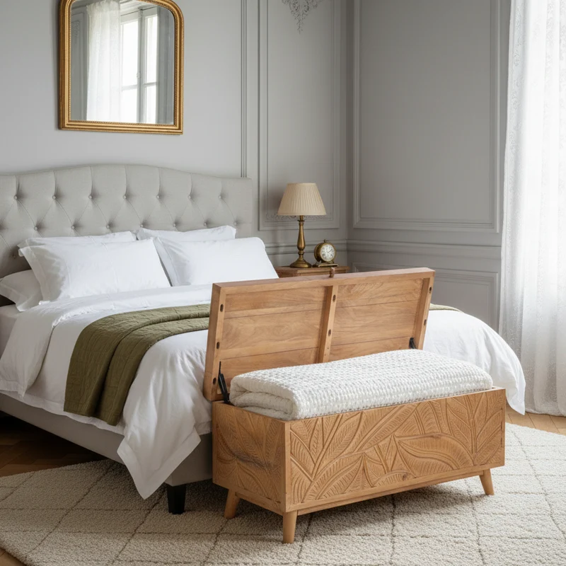 Banc coffre sculpté en bois massif manguier - Floria