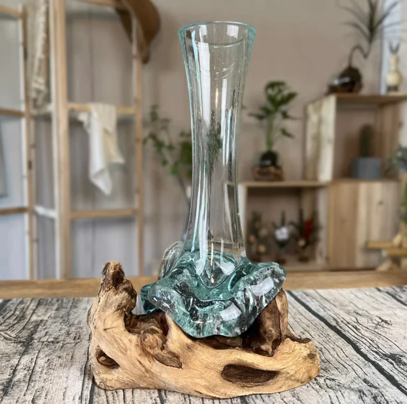 Vase en bois et verre soufflé 16"