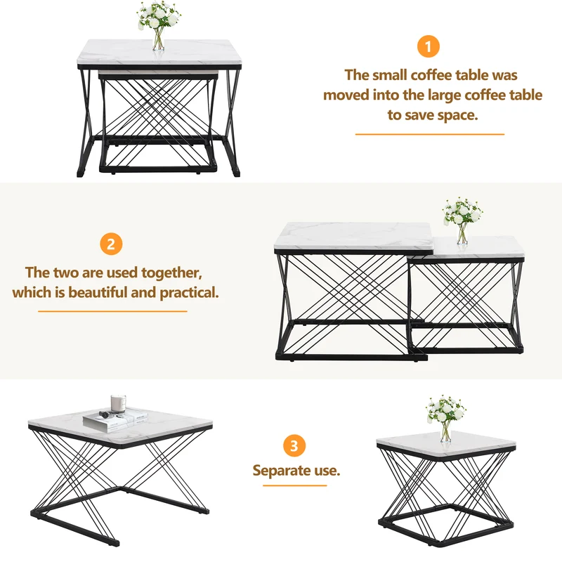 Ensemble de 2 tables basses gigognes élégantes effet marbre brillant AVEDS