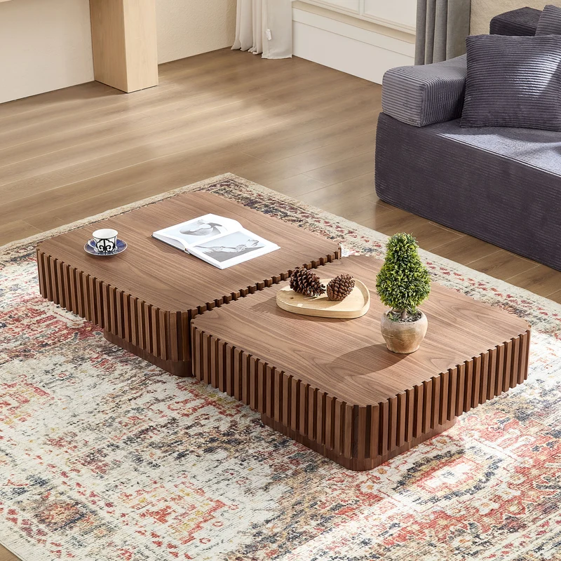 Table basse carré effet bois noyer cadre sculpté 80x80x35cm MOMENTUMFLARE