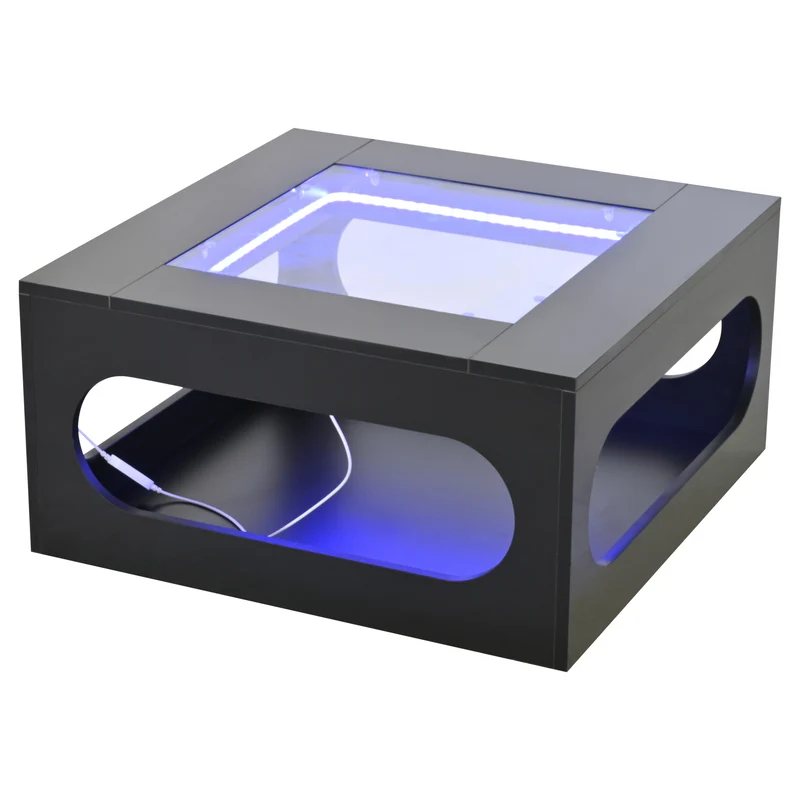 Table basse carrée noire avec plateau en verre trempé et éclairage LED 70x70x35cm UNDERTOW