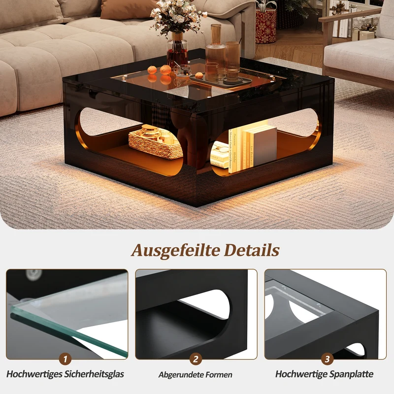 Table basse carrée noire avec plateau en verre trempé et éclairage LED 70x70x35cm UNDERTOW