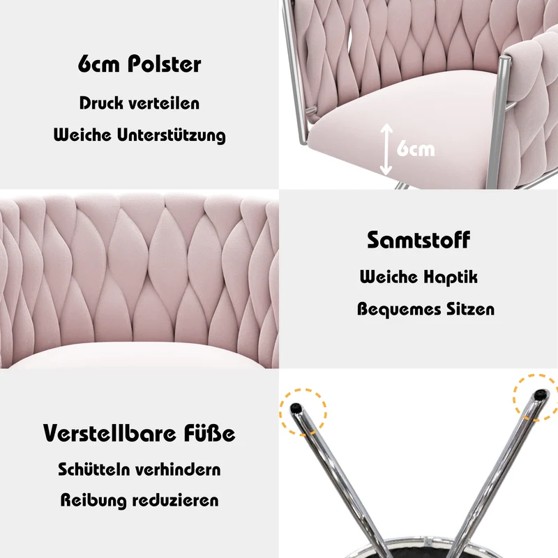 Fauteuil pivoitante 360° velours rose, chaise de bureau ou coiffeuse base en acier RETICULIN