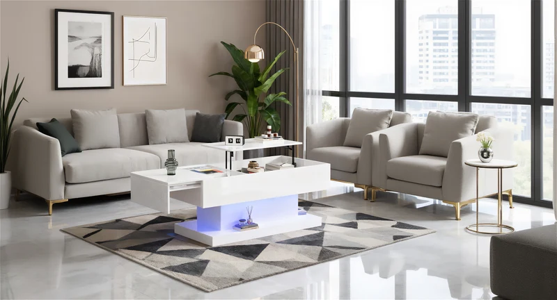 Table basse blanche relevable avec éclairage LED et 1 tiroir 100*50*45cm OIL