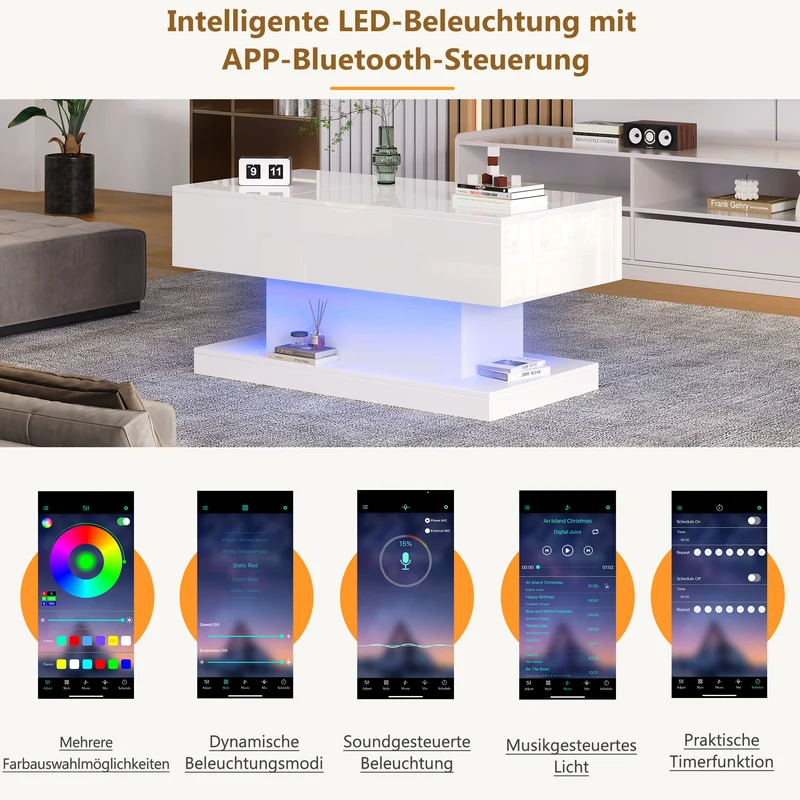 Table basse blanche relevable avec éclairage LED et 1 tiroir 100*50*45cm OIL