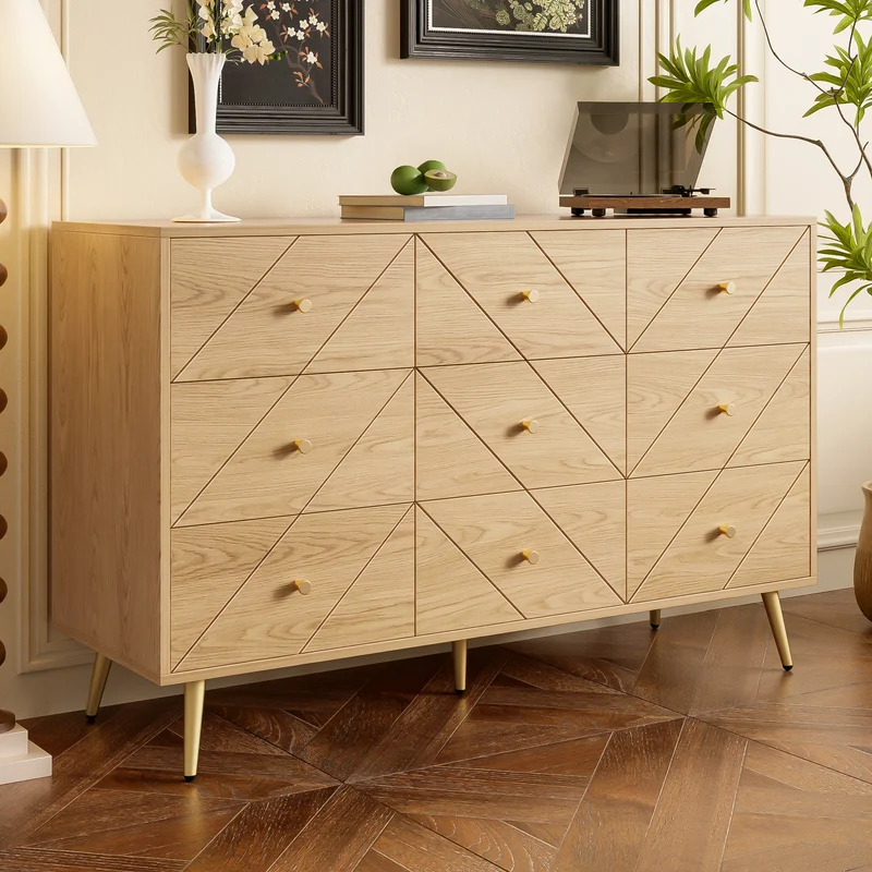 Buffet effet bois motif géométrique et 9 tiroirs accent doré COPAL