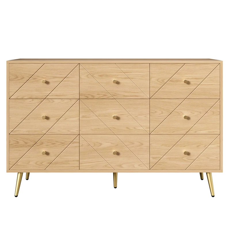 Buffet effet bois motif géométrique et 9 tiroirs accent doré COPAL
