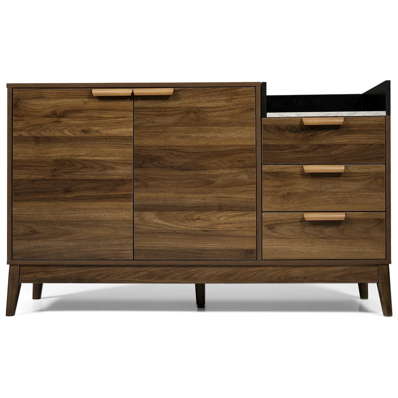Buffet marron effet bois 2 portes 3 tiroirs effet faux marbre gris blanc GLOBAL