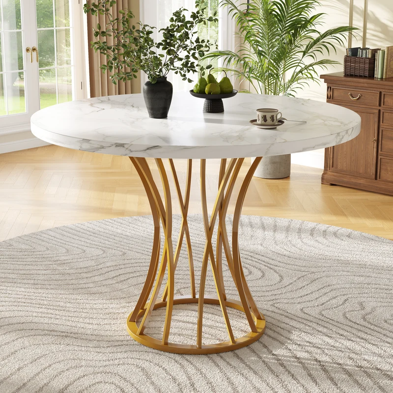 Table ronde de salle à manger effet marbré blanc, pieds dorés (80 x 80 x 76 cm) KROGZEX GOLD