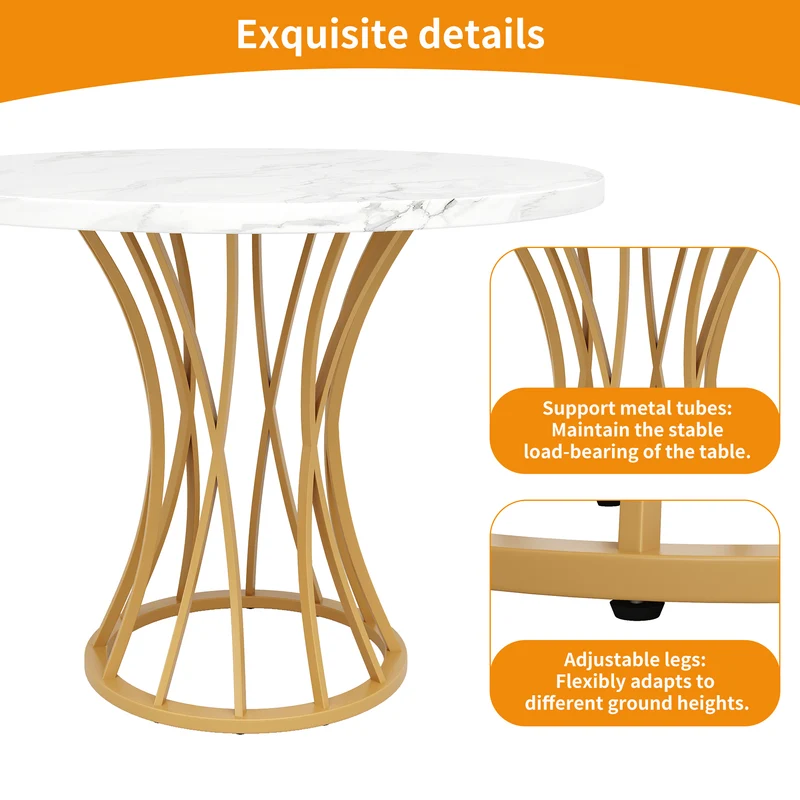 Table ronde de salle à manger effet marbré blanc, pieds dorés (80 x 80 x 76 cm) KROGZEX GOLD
