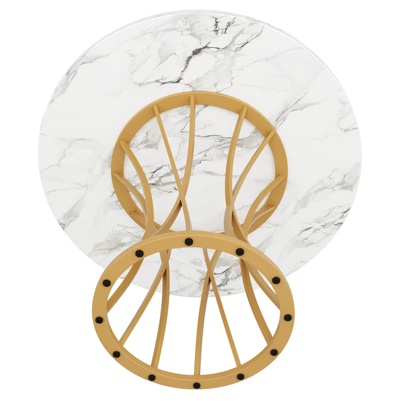 Table ronde de salle à manger effet marbré blanc, pieds dorés (80 x 80 x 76 cm) KROGZEX GOLD