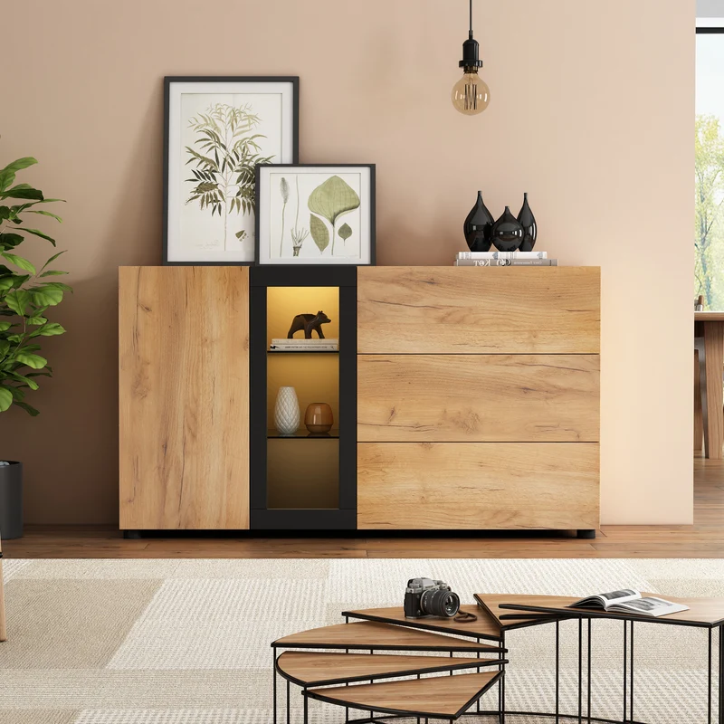 Buffet effet bois avec vitrine éclairage LED 3 tiroirs GHURGAX
